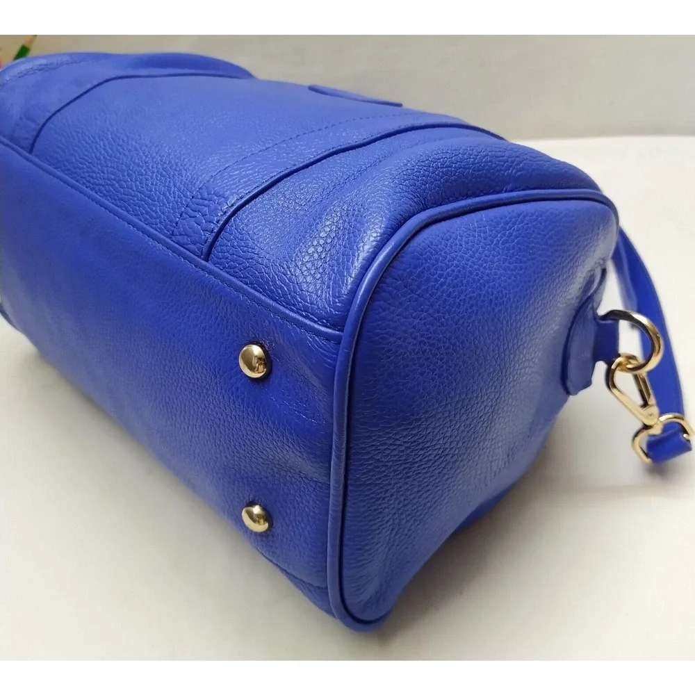 Terzetto Blue Pebbled Leather Double Handle Zipper Closure Satchel Shoulder Bag